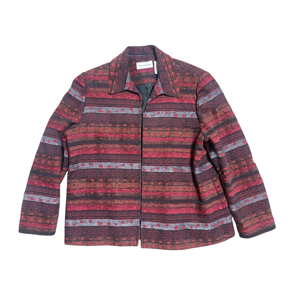 Alfred Dunner Jacket Womens 16 Red Black Brown Lined Zip Front Jacquard Boho